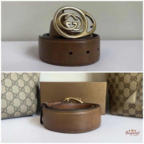 Authentic Gucci Brown Leather Gold Interlocking G Buckle Belt 80/32 - Picture 3 of 13